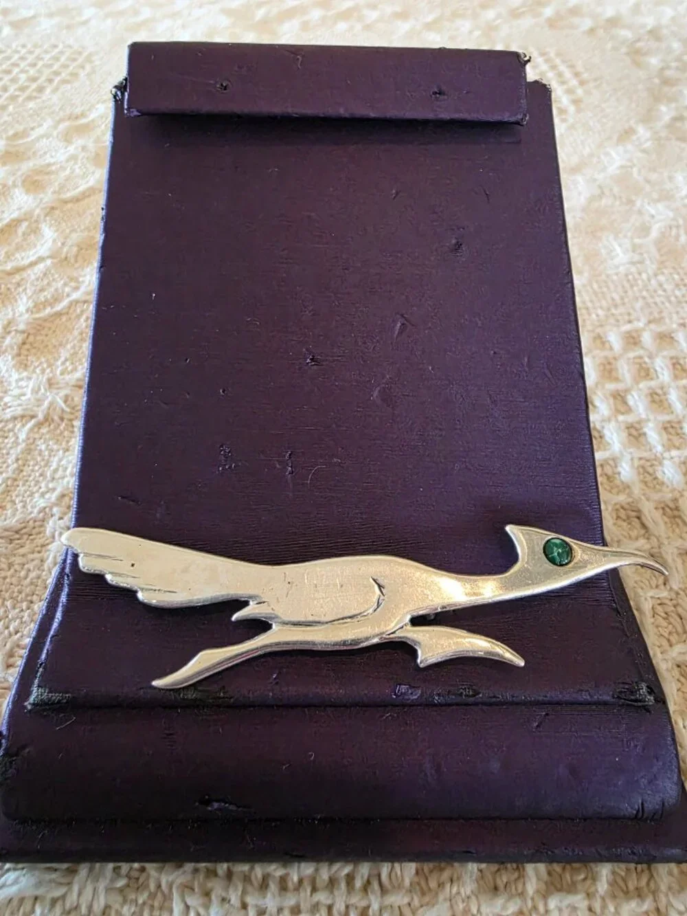 Vintage Handcrafted Sterling Silver ROADRUNNER Pin Gemstone Eye Accent